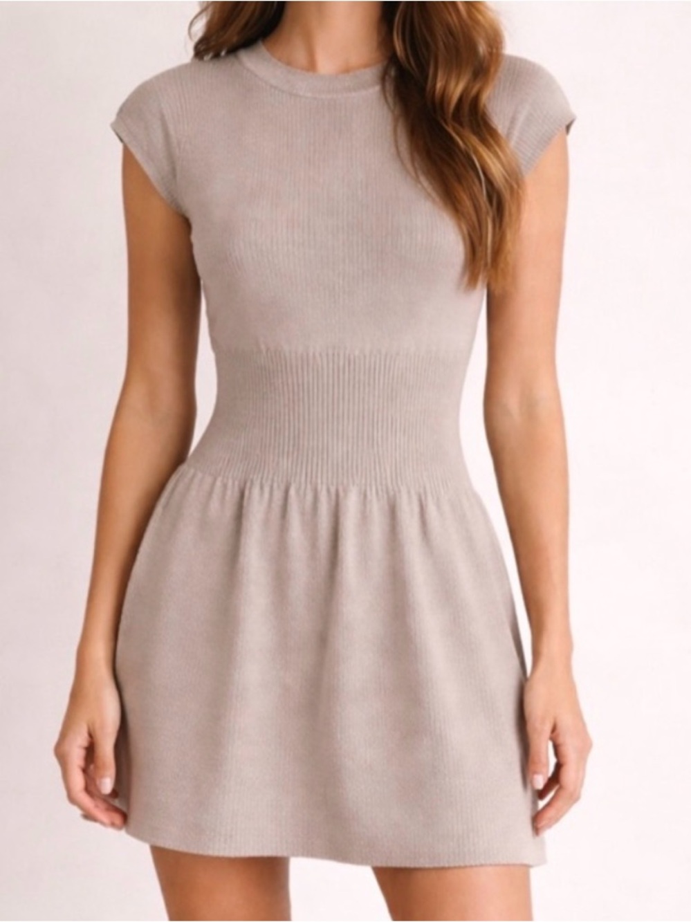Zara Ribbed Knit Mini Dress Taupe Waist Defined Size Medium Excellent